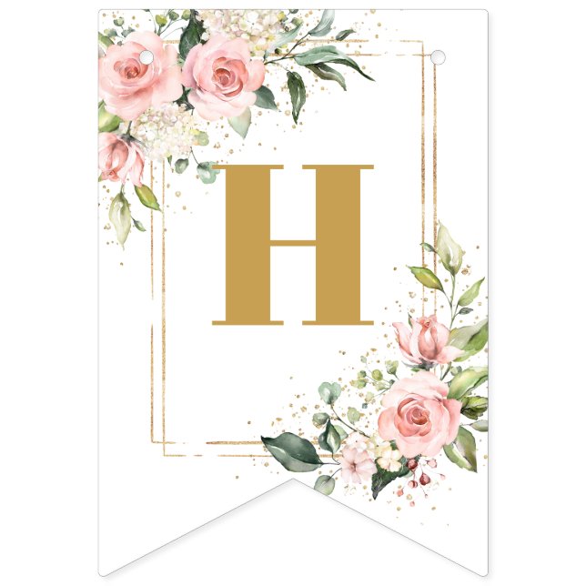 Chic blush flowers eucalyptus gold 16th Birthday Bunting Flags (First Flag)
