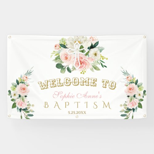 Chic Blush Flowers Girl Baptism Cross Welcome Sign