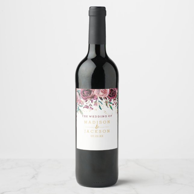 Chic Blush Flowers Stripes & Gold Wedding Monogram Wine Label (Front)
