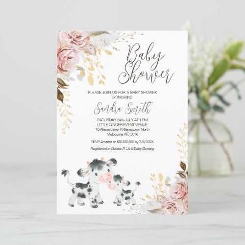 Chic Blush Gold Cow Calf Baby Shower Invitation