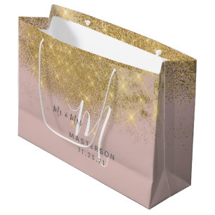 Chic Blush   Gold Dust Sparkle Monogram Wedding Large Gift Bag