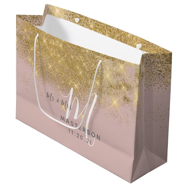 Chic Blush | Gold Dust Sparkle Monogram Wedding Large Gift Bag (Front Angled)