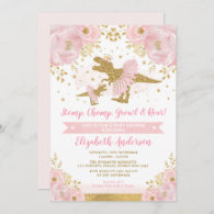 Chic Blush Gold Floral Dinosaur Girl Baby Shower Invitation