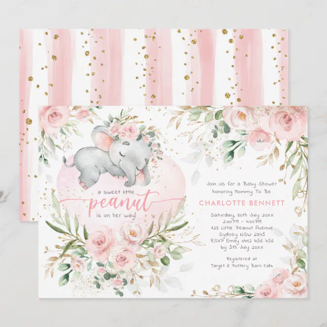 Chic Blush Gold Floral Elephant Girl Baby Shower Invitation | Zazzle