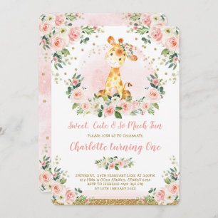 Chic Blush Gold Floral Giraffe 1st Birthday Party Invitation