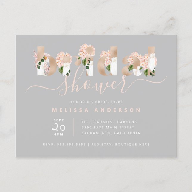 Chic Blush & Gold Floral Typography Bridal Shower Invitation Postcard (Front)