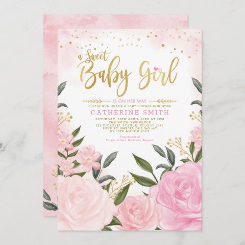 Chic Blush Gold Garden Floral Roses Baby Shower Invitation