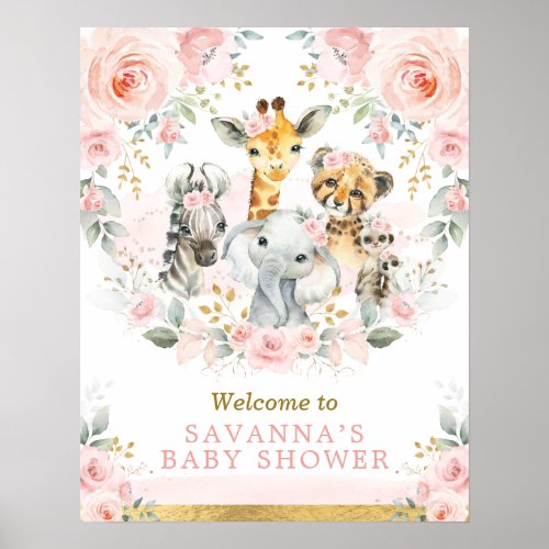Chic Blush Gold Jungle Safari Baby Animals Welcome Poster