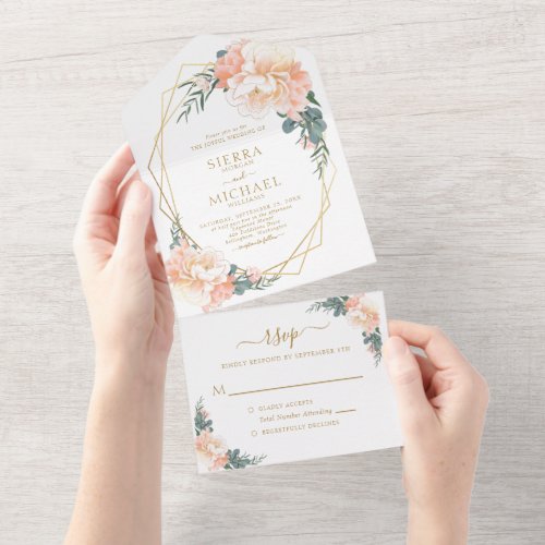 Chic Blush Gold Peach Mint Green Floral Wedding All In One Invitation