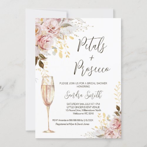 Chic Blush Gold Petals and Prosecco Bridal Shower Invitation