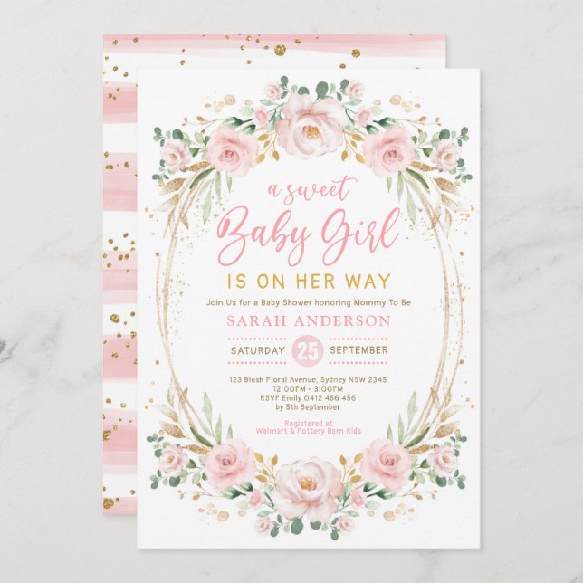 Chic Blush Gold Pink Floral Sweet Baby Girl Shower Invitation (Front/Back)