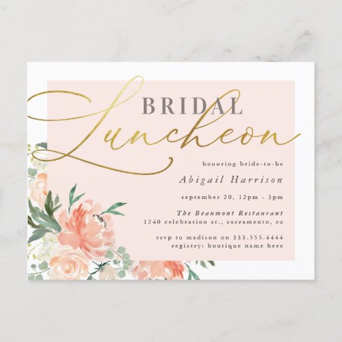 Chic Blush  Gold Script Floral Bridal Luncheon Invitation Postcard