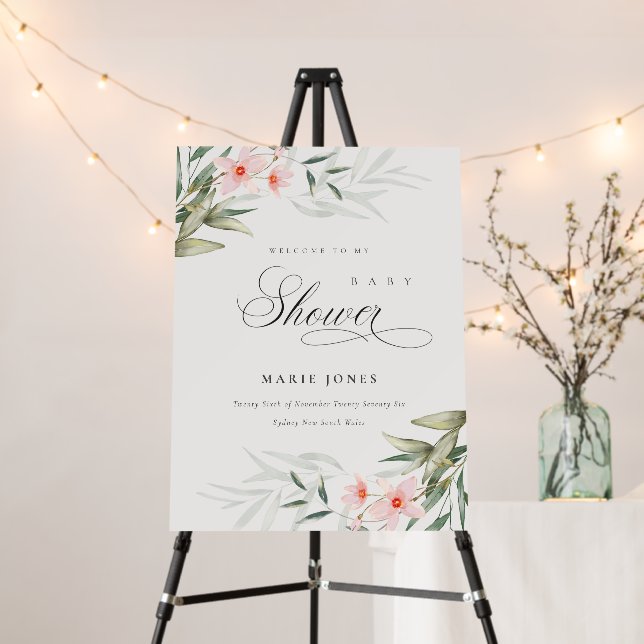 Chic Blush Greenery Floral Baby Shower Welcome Foam Board (In Situ (Stand))