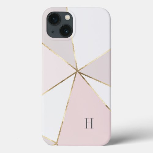 Chic Blush  Grey Geometric Colorblock Monogram iPhone 13 Case