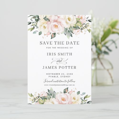 Chic Blush Ivory Floral Wedding Save the Date Card