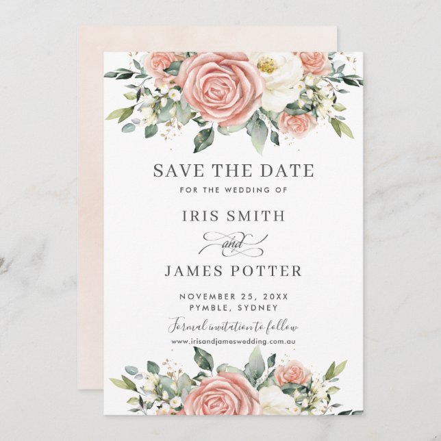 Chic Blush Ivory Floral Wedding Save the Date Card (Front/Back)
