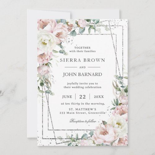 Chic Blush Ivory Peonies Floral Geometric Wedding Invitation