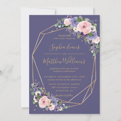 Chic Blush Lavender Floral Gold Geometric Wedding Invitation