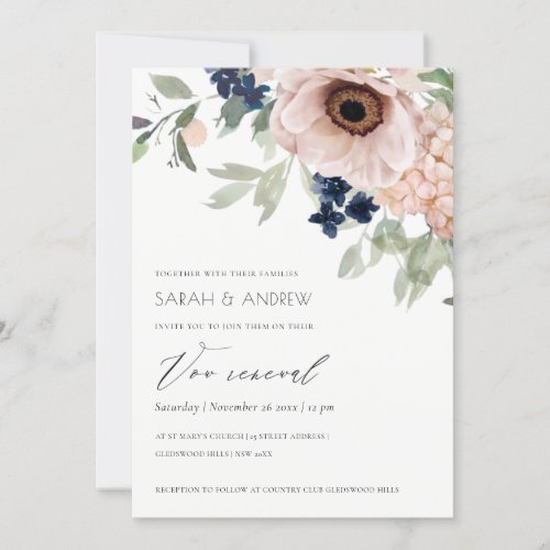 Chic Blush Navy Anemone Floral Vow Renewal Invite