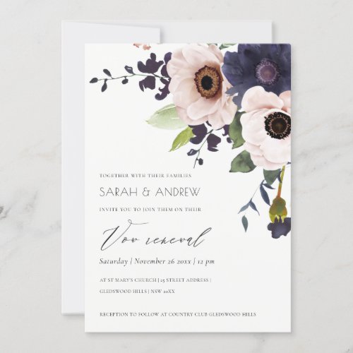 Chic Blush Navy Anemone Floral Vow Renewal Invite
