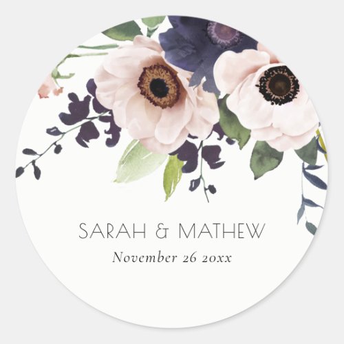 Chic Blush Navy Anemone Floral Watercolor Wedding Classic Round Sticker