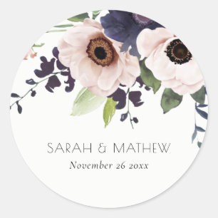 Chic Blush Navy Anemone Floral Watercolor Wedding Classic Round Sticker
