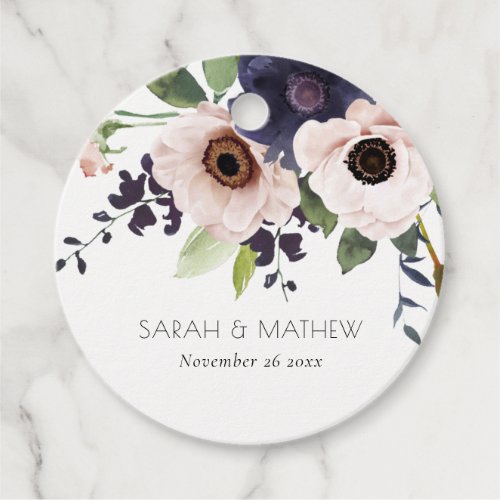 Chic Blush Navy Anemone Floral Watercolor Wedding Favor Tags