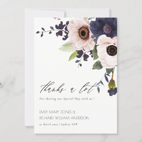 Chic Blush Navy Anemone Floral Watercolor Wedding Thank You Card