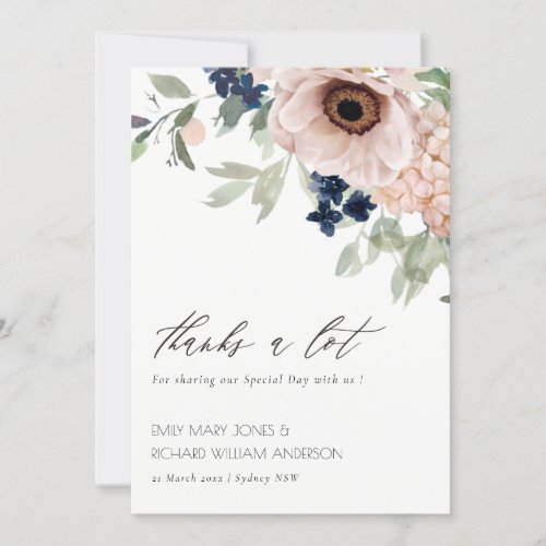 Chic Blush Navy Anemone Floral Watercolor Wedding Thank You Card