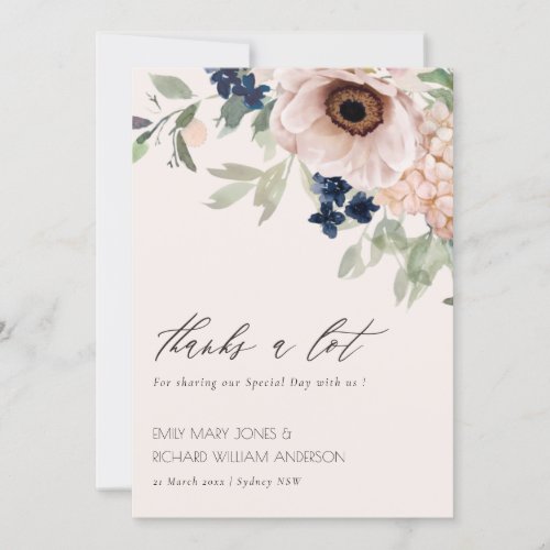Chic Blush Navy Anemone Floral Watercolor Wedding Thank You Card