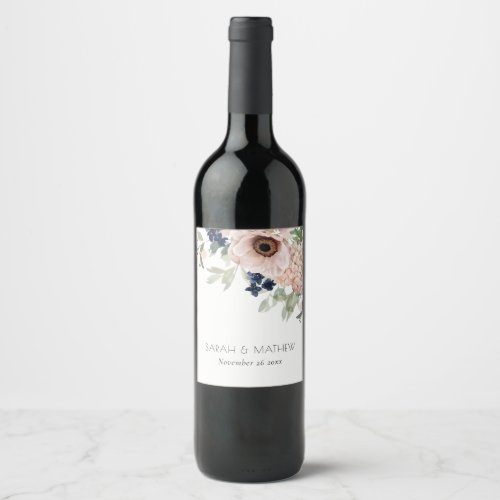 Chic Blush Navy Anemone Floral Watercolor Wedding Wine Label