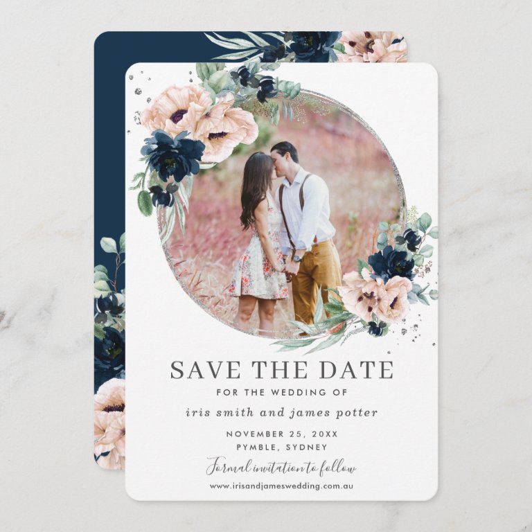 Chic Blush Navy Blue Floral Silver Greenery Photo Save The Date