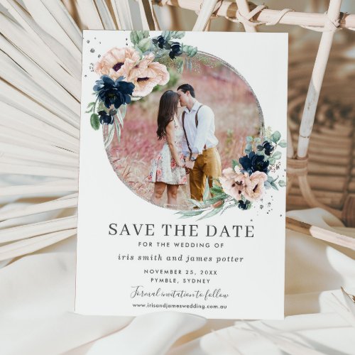 Chic Blush Navy Blue Floral Silver Greenery Photo Save The Date