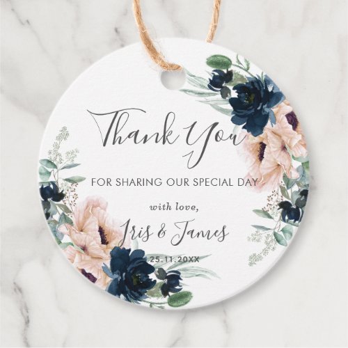 Chic Blush Navy Blue Rose Floral Wedding Thank You Favor Tags
