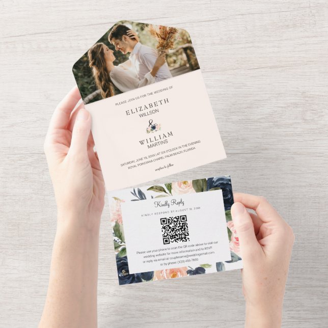 Chic Blush & Navy Floral Wedding QR Code Photo All In One Invitation (Tearaway)