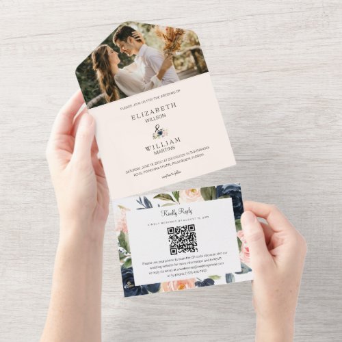 Chic Blush  Navy Floral Wedding QR Code Photo All In One Invitation