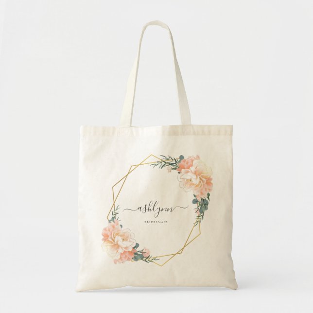 Chic Blush Peach Floral Gold Geometric Bridesmaid Tote Bag (Front)