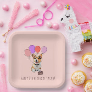 Chic Blush Peach Neutral Corgi Birthday Party Paper Plates