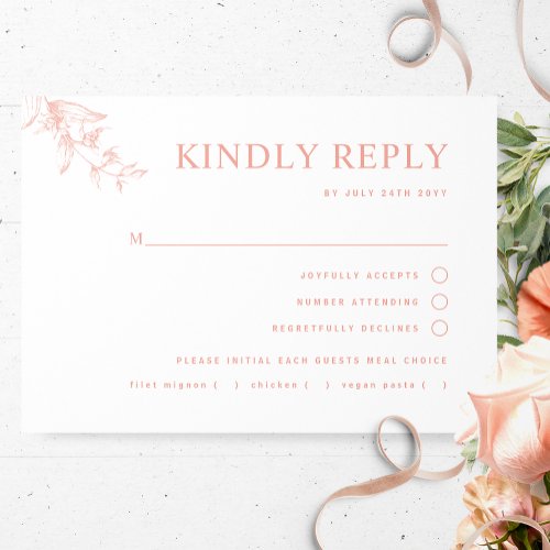Chic Blush Peach White Wedding Withwithout Meal RSVP Card