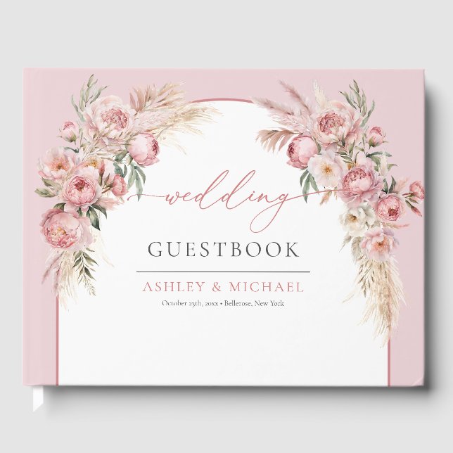 Chic blush peonies pampas boho arch eucalyptus guest book (Front)
