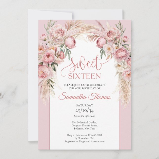 Chic blush peonies pampas boho arch eucalyptus invitation (Front)