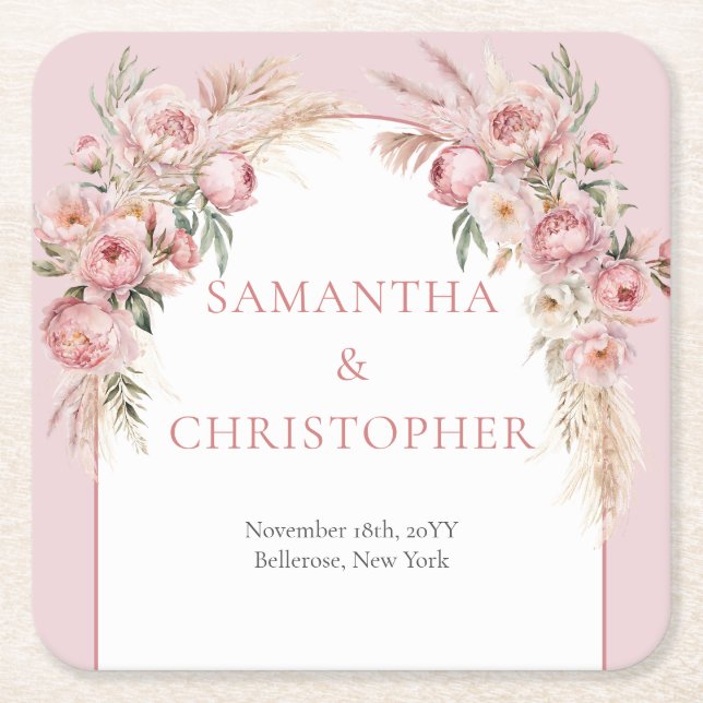 Chic blush peonies pampas boho arch eucalyptus square paper coaster (Front)