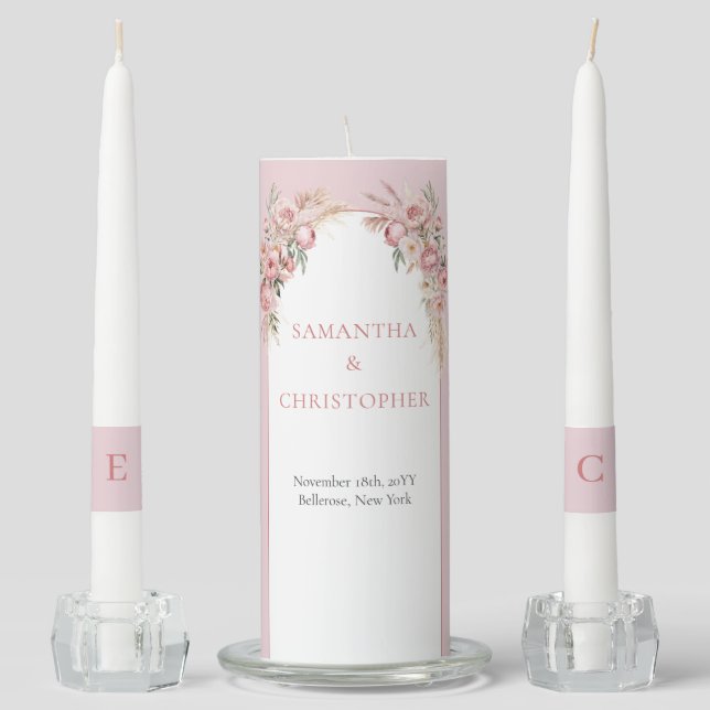 Chic blush peonies pampas boho arch eucalyptus unity candle set (Front)