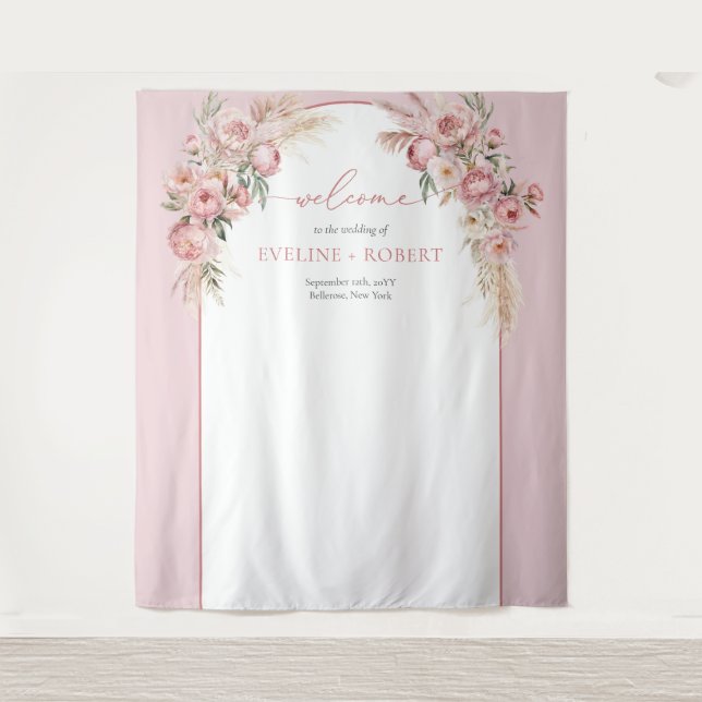 Chic blush peonies pampas boho arch sage Wedding Tapestry (Front)