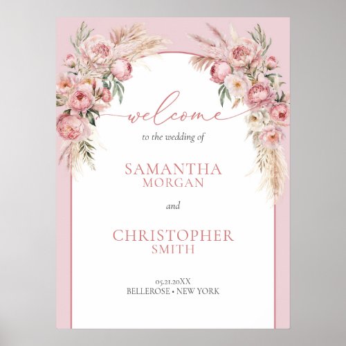 Chic blush peonies pampas boho arch sage Welcome Poster