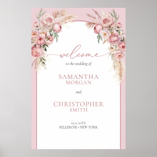 Chic blush peonies pampas boho arch sage Welcome Poster