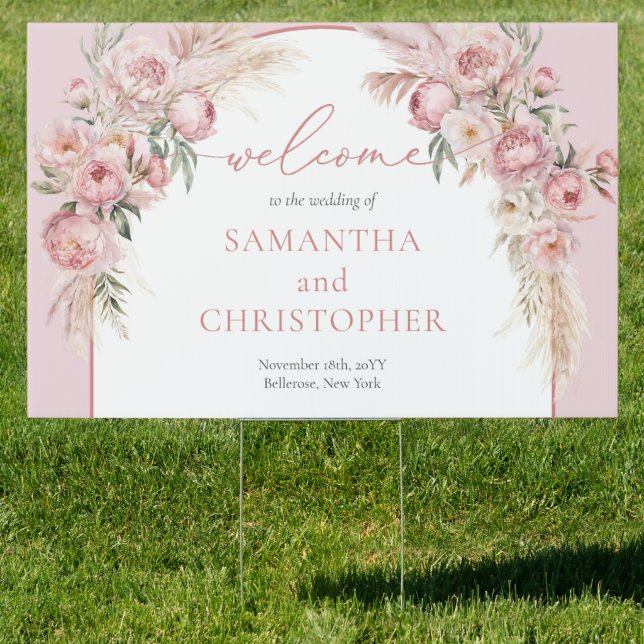 Chic blush peonies pampas boho arch sage Welcome  Sign (Insitu)