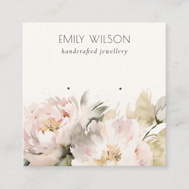 Chic Blush Peony Watercolor Floral Earring Display Square Business Card (Front)