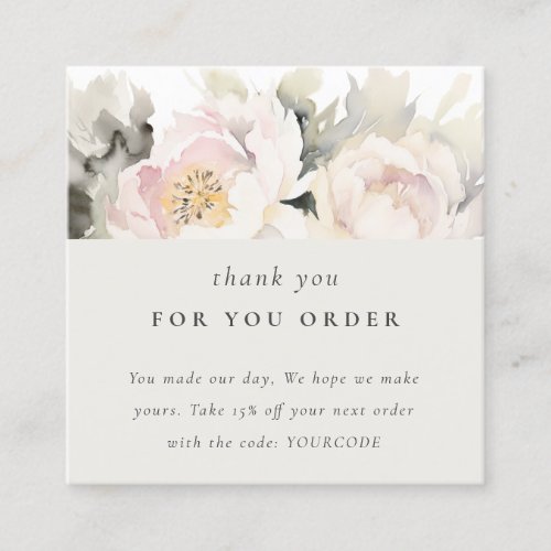 Chic Blush Peony Watercolor Floral Thank You Order Square Business Card