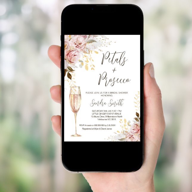 Chic Blush Petals Prosecco QR Code Bridal Shower Invitation (Front Digital)